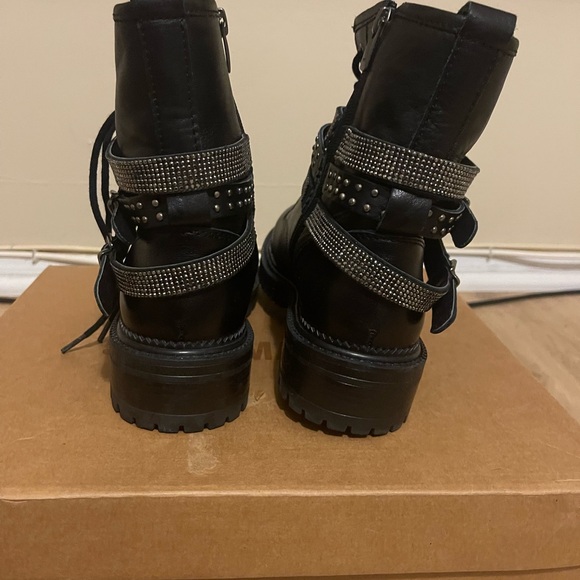 Steve Madden Black Combat Boots with zipper/lace-up with rhinestones. - Picture 4 of 15
